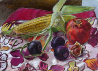 Натюрморт с кукурузой, сливами, каштаном и гранатом