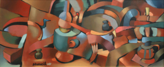 Натюрморт с гирьками, весами и лампами.