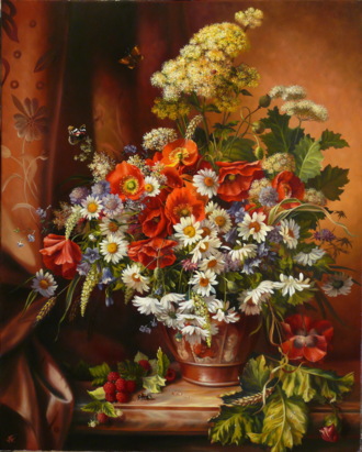  Цветы с ромашками и малиной-