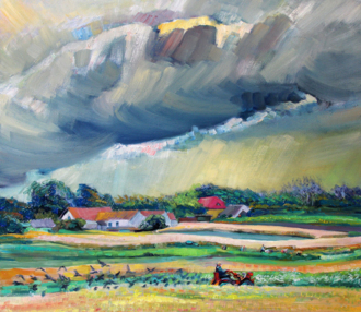 Сельский пейзаж с малиновой крышей.