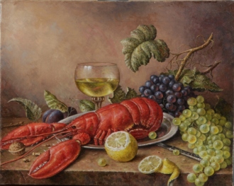 Омар, вино и фрукты