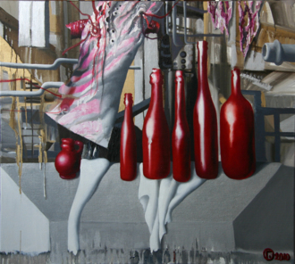 Натюрморт с красными бутылками