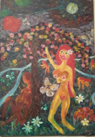 Адам и Евы на фруктово-ягодной шабашке в глазах божьей, ползущей по ветке яблони.