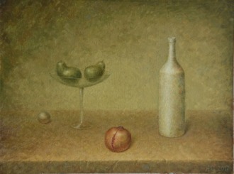 Натюрморт с белой бутылкой и гранатом