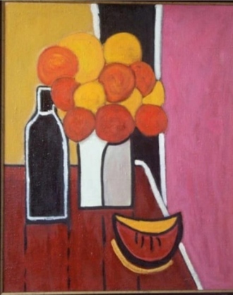 Натюрморт с черной бутылкой и арбузом