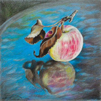 Яблоко на стеклянном столе в саду.