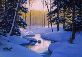 Ручей в заснеженном лесу. 