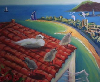 Чайка с птенцами над Барселоной