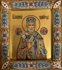 Настольная икона в серебряном окладе. Святой Николай Чудотворец