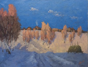 Зимой закат в деревне